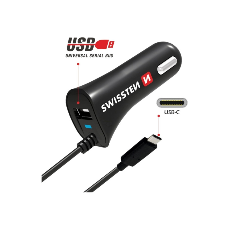 SWISSTEN CL AUTONABÍJEČKA USB-C a USB 2,4A POWER Černá
