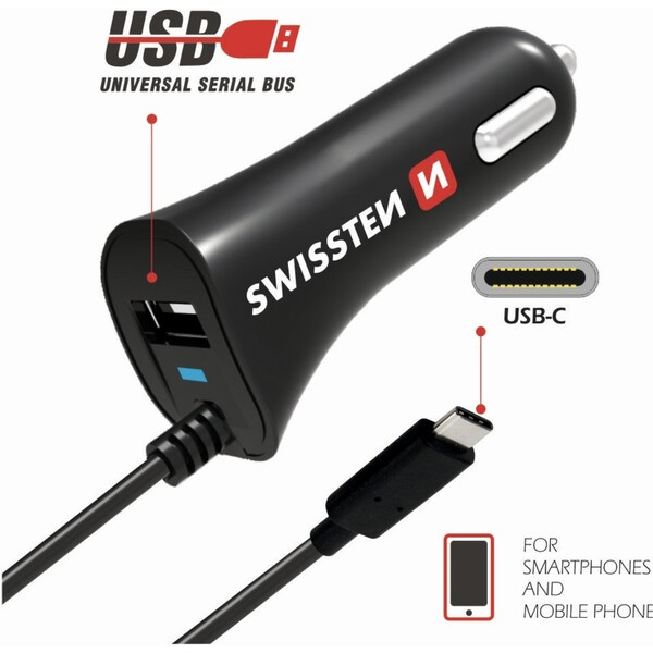 SWISSTEN CL AUTONABÍJEČKA USB-C a USB 2,4A POWER Černá