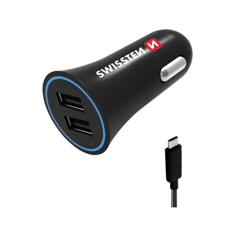 Nabíječka USB 12/24V Swissten 2,4AMP 2x USB+Kabel USB-C 1,2m