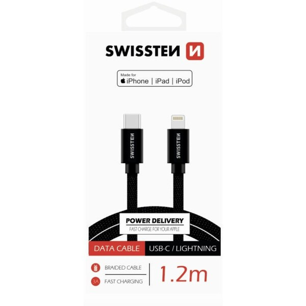 Swissten Textile kabel USB-C / Lightning MFi 1,2 M černý