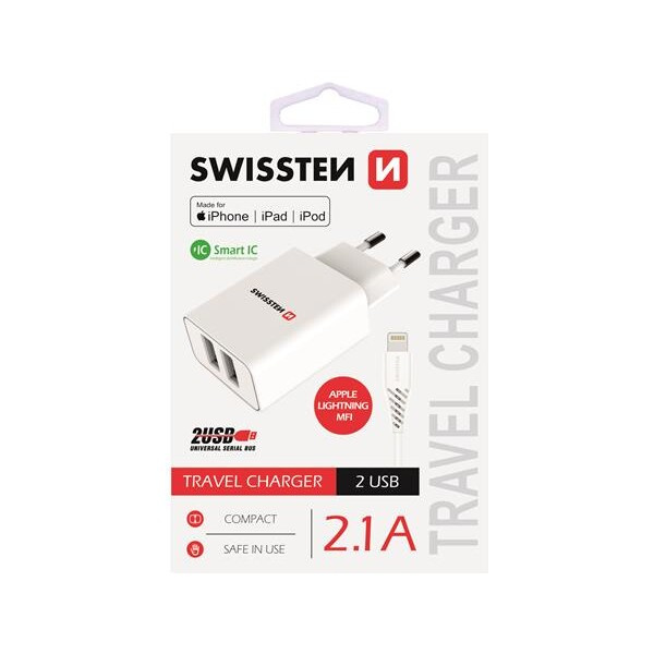 SWISSTEN síťový adaptér 2xUSB, 2,1A, MFi bílý + kabel USB/Lightning