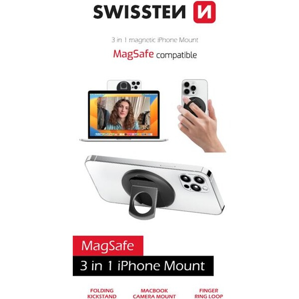 SWISSTEN držák na telefon s kroužkem na prst 3v1 MagStick 26001000 Černá
