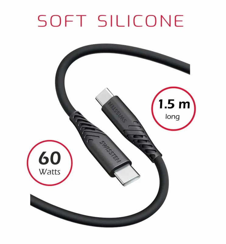 DATOVÝ KABEL SWISSTEN SOFT SILICONE USB-C / USB-C 1,5 M 60W ČERNÝ