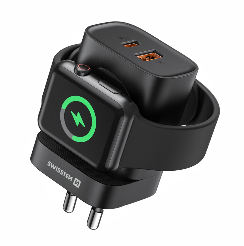 Síťový adaptér Swissten USB-C + USB-A s bezdrátovým nabíjením Apple Watch – 20 W