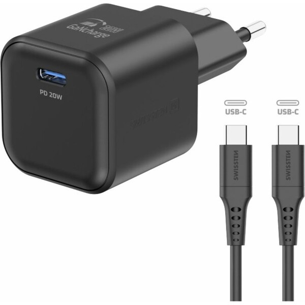 Swissten síťový adaptér GaN 1x USB-C 20W PD + datový kabel USB-C/USB-C 1,2 m černý