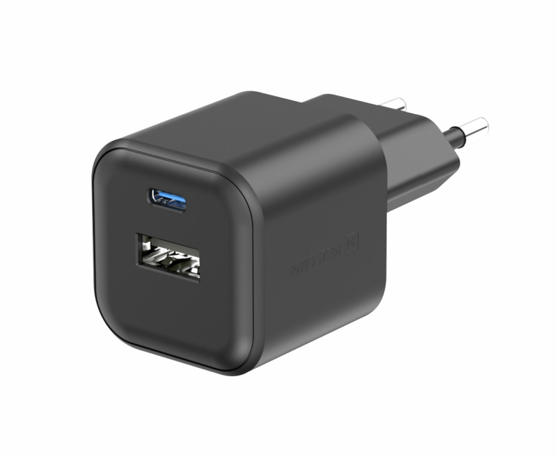 Swissten síťový adaptér GaN 1x USB-C 20W PD + 1x USB-A 18W QC černý