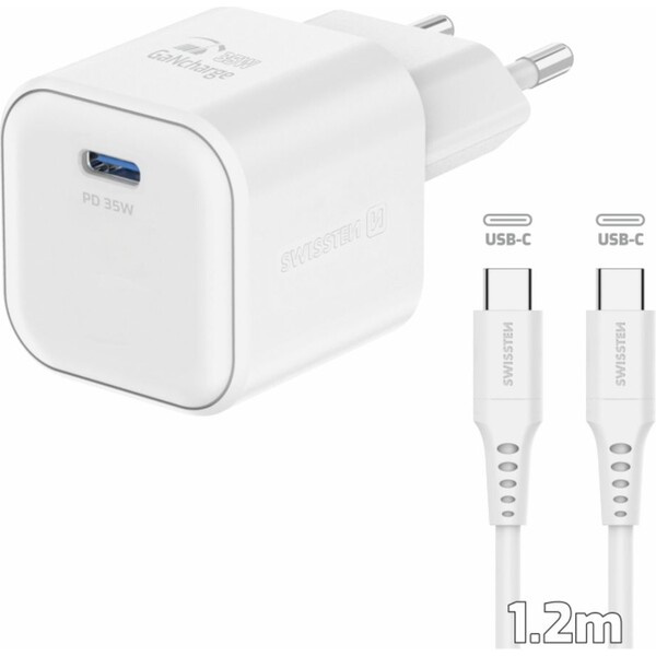 Swissten síťový adaptér GaN 1x USB-C 35W PD + datový kabel USB-C/USB-C 1,2 m bílý