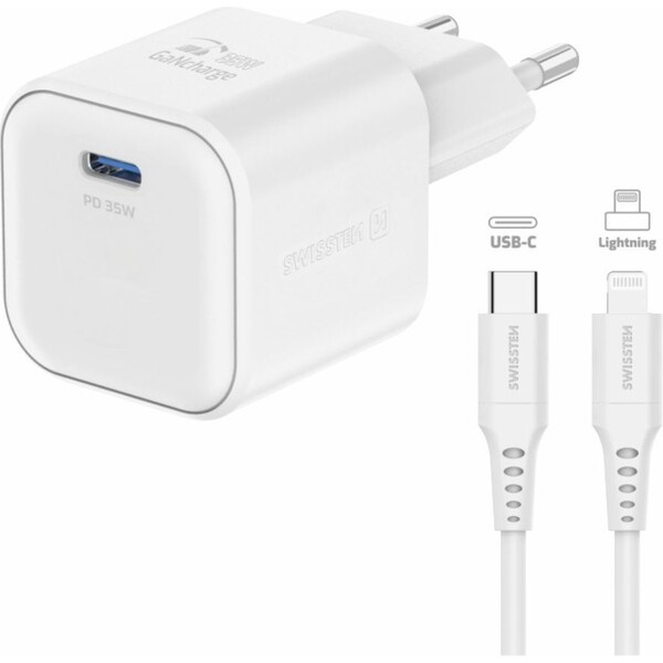 Swissten síťový adaptér GaN 1x USB-C 35W PD + datový kabel USB-C/Lightning 1,2 m bílý