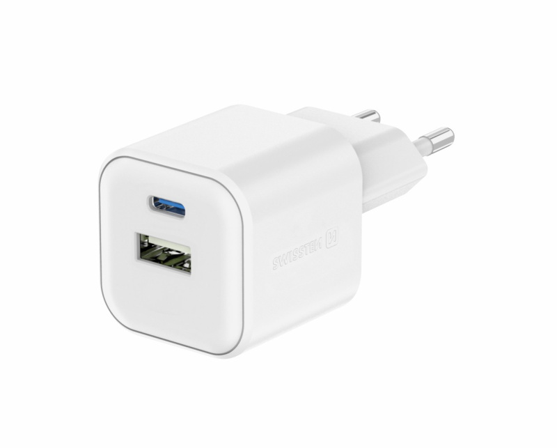 Swissten síťový adaptér GaN 1x USB-C 35W PD + 1x USB-A 27W QC bílý