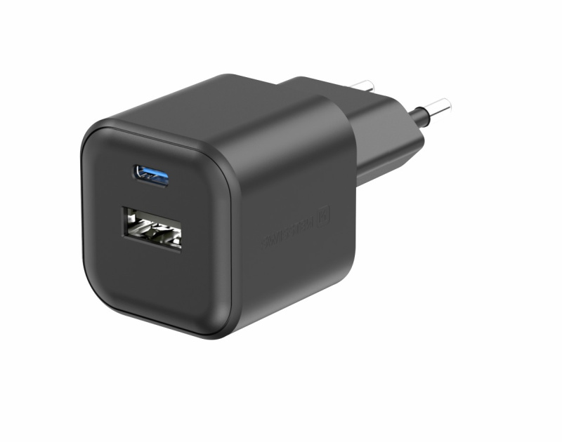 Swissten síťový adaptér GaN 1x USB-C 35W PD + 1x USB-A 27W QC černý