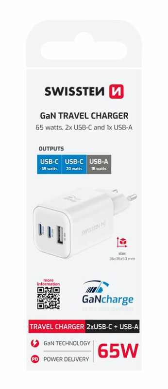 Swissten síťový adaptér GaN 2x USB-C 65W PD + 1x USB-A 18W QC bílý