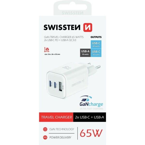 Swissten síťový adaptér GaN 2x USB-C 65W PD + 1x USB-A 18W QC bílý