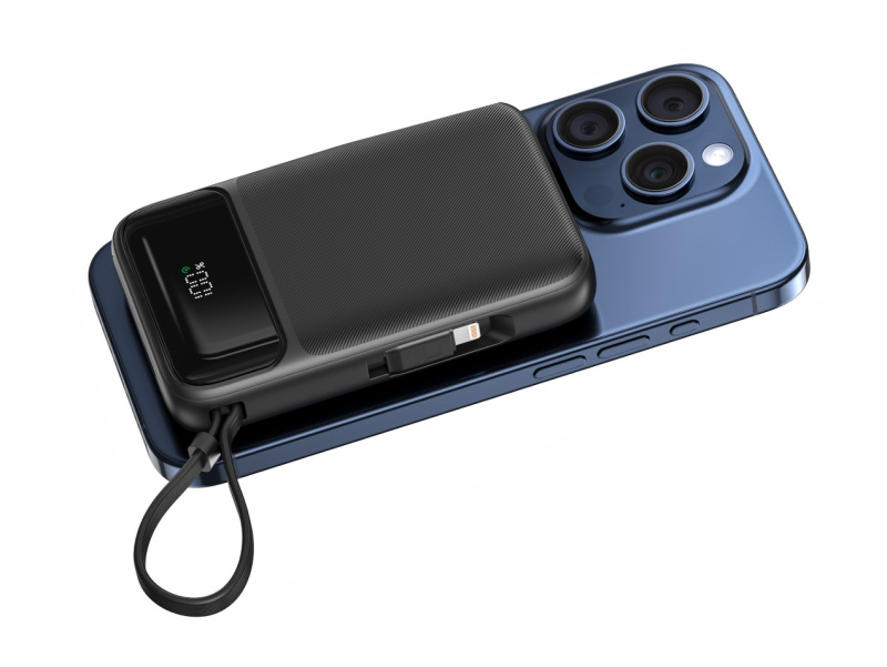 Swissten MagSafe powerbanka 10 000 mAh PD 20W, s USB-C/Lightning černá