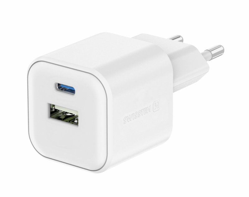 Swissten síťový adaptér 1x USB-C + 1x USB-A 12W bílý