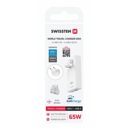 Swissten cestovní adaptér GaN USB-C + USB-A 65W výměnné vidlice (US, EU, UK) bílý