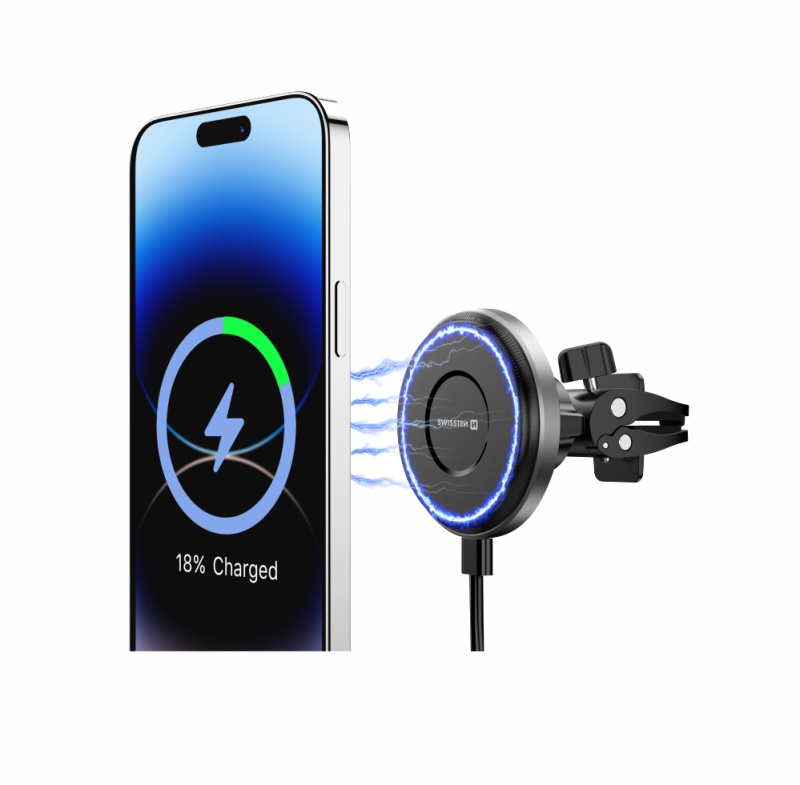 Magnetický držák do ventilace auta Swissten AirHold s bezdrátovým nabíjením 15 W / 7,5 W – MagSafe kompatibilní