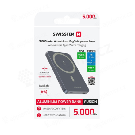SWISSTEN POWER BANK FUSION 5000 mAh S NABÍJENÍM APPLE WATCH (kompatibilní s MagSafe) STŘÍBRNÁ 22013982