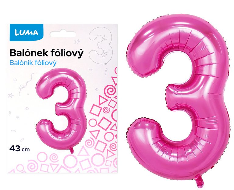 Balónek fóliový nafukovací číslo 3, růžový 43 cm