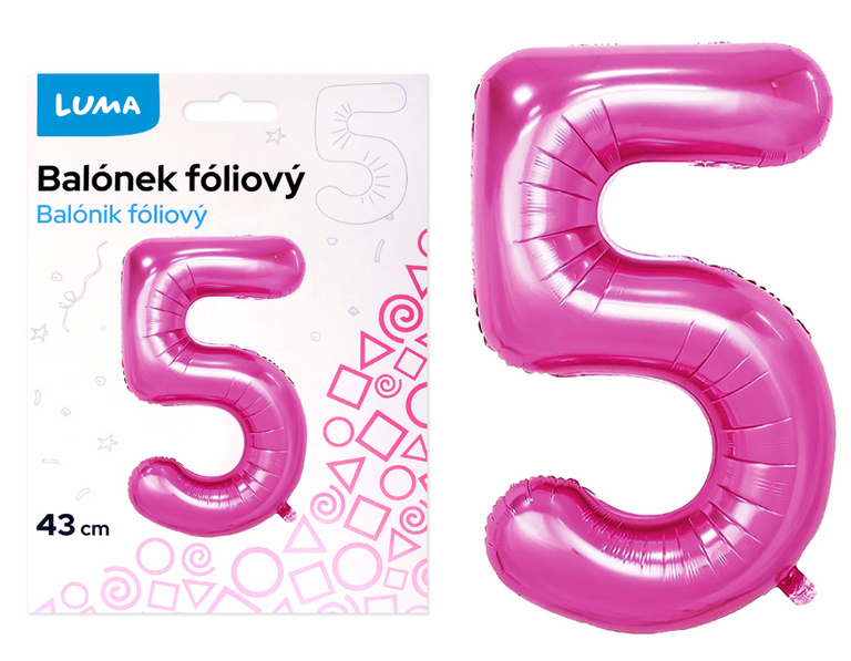 Balónek fóliový nafukovací číslo 5, růžový 43 cm