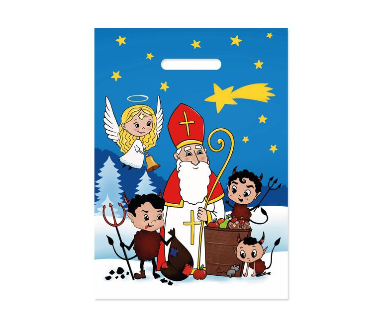 Mikulášská taška 25 × 35 cm bílá - Mikuláš, anděl a čertíci