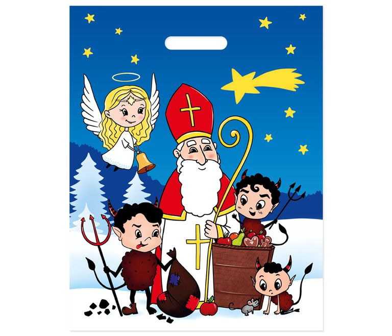Mikulášská taška 36 × 46 cm - Mikuláš, anděl a čertíci