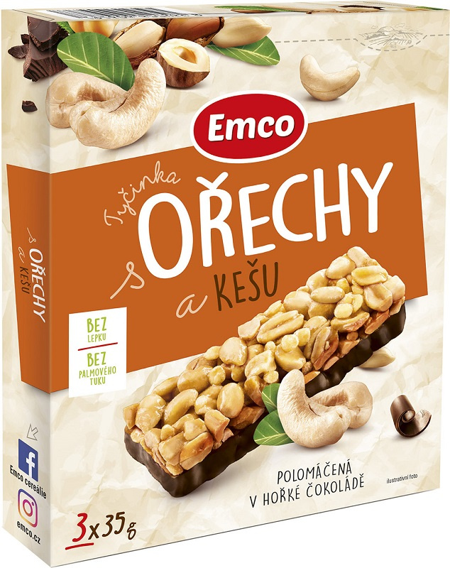 Tyčinka Emco s ořechy a kešu, 3x 35g