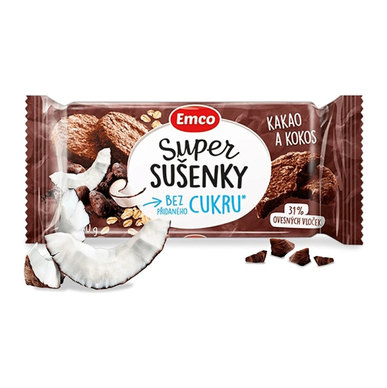 Emco Super Sušenky Bez Cukru - ovesné sušenky - kakao a kokos, 60 g
