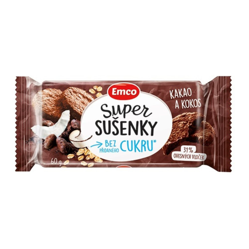 Emco Super Sušenky Bez Cukru - ovesné sušenky - kakao a kokos, 60 g