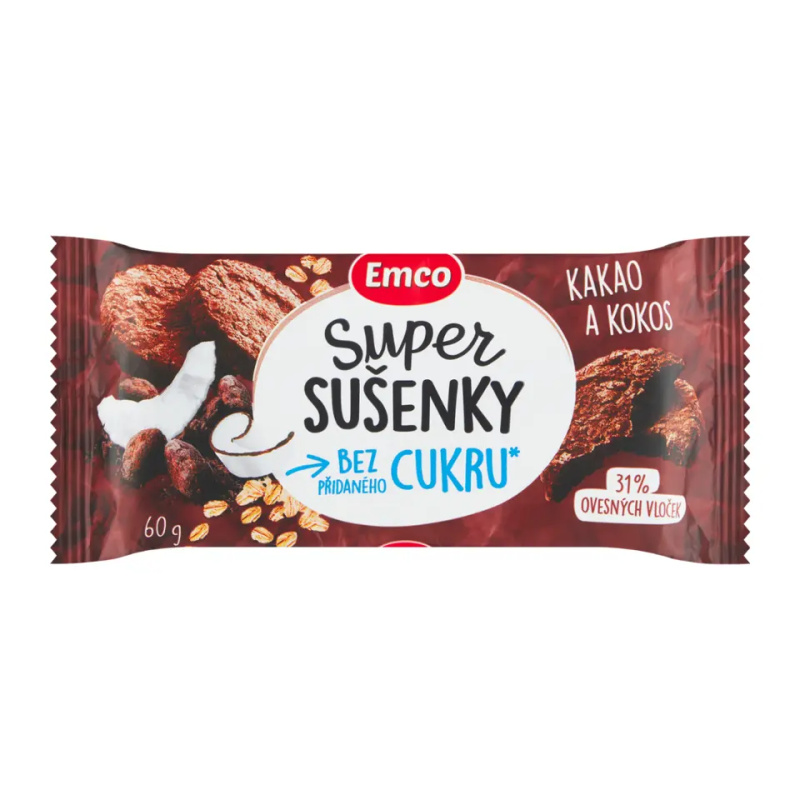 Emco Super Sušenky Bez Cukru - ovesné sušenky - kakao a kokos, 60 g