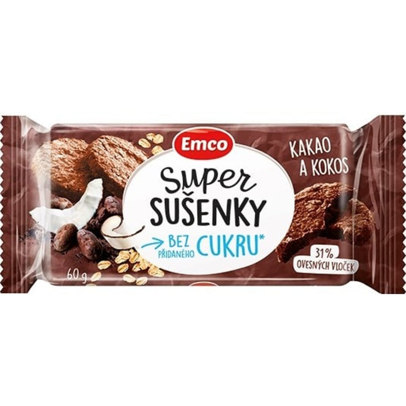 Emco Super Sušenky Bez Cukru - ovesné sušenky - kakao a kokos, 60 g
