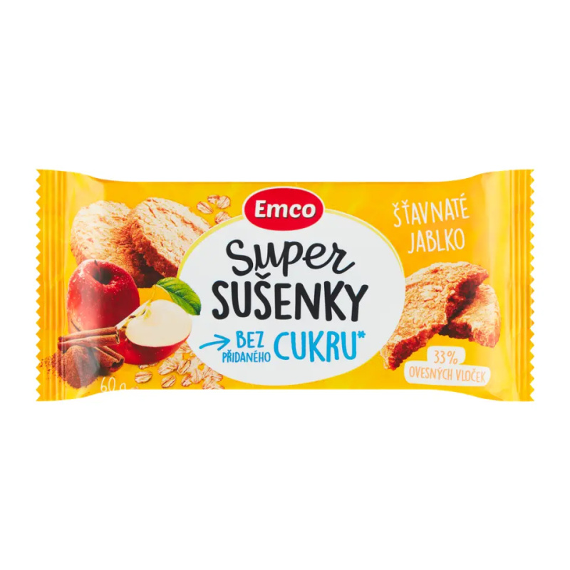 Emco Super Sušenky Bez Cukru - ovesné sušenky - šťavnaté jablko, 60 g