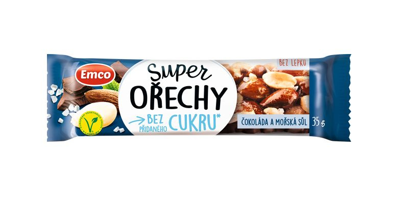 Emco Super Ořechy - ořechová tyčinka - čokoláda a mořská sůl, 35 g
