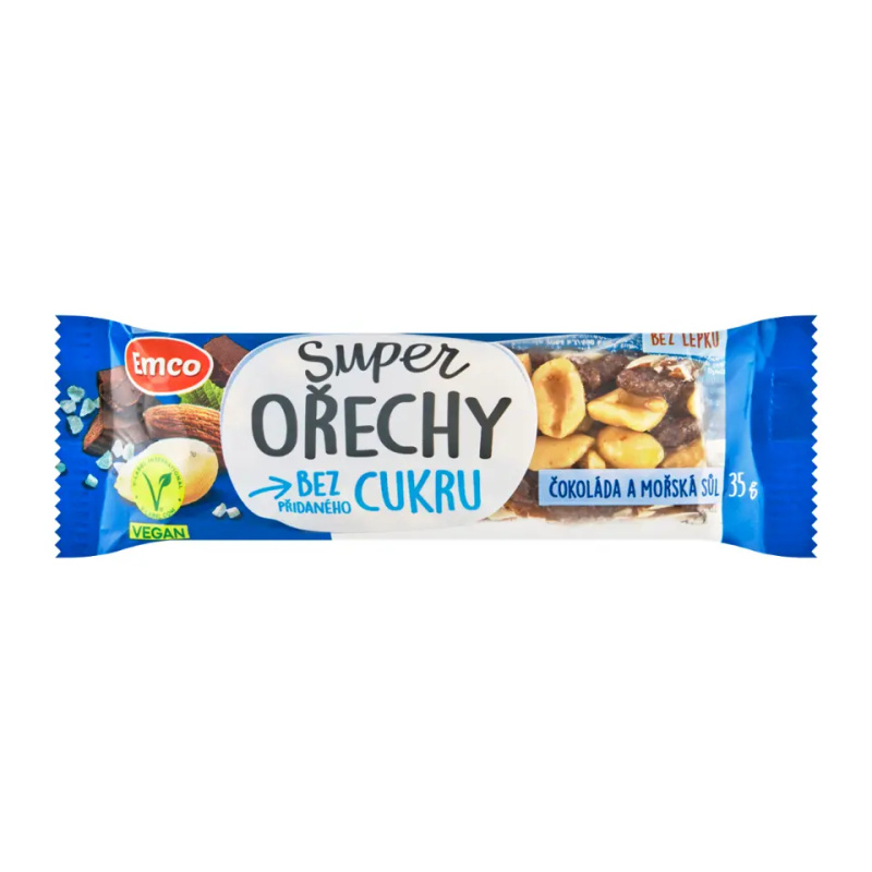 Emco Super Ořechy - ořechová tyčinka - čokoláda a mořská sůl, 35 g