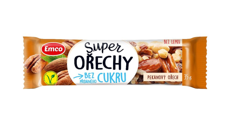 Tyčinka Emco Super ořechy - pekanový ořech, bez přidaného cukru, 35 g