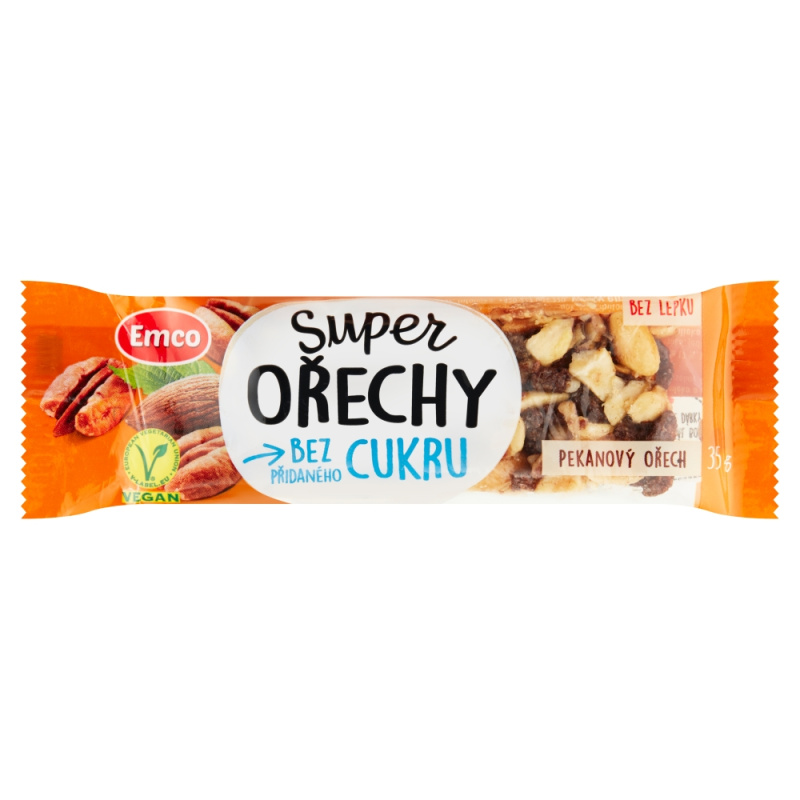 Tyčinka Emco Super ořechy - pekanový ořech, bez přidaného cukru, 35 g
