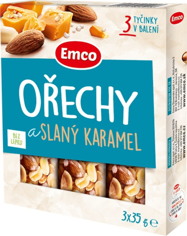 Emco - ořechové tyčinky - Ořechy a slaný karamel, 3 x 35 g