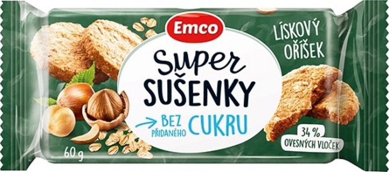 Emco Super Sušenky Bez Cukru - ovesné sušenky - lískový oříšek, 60 g