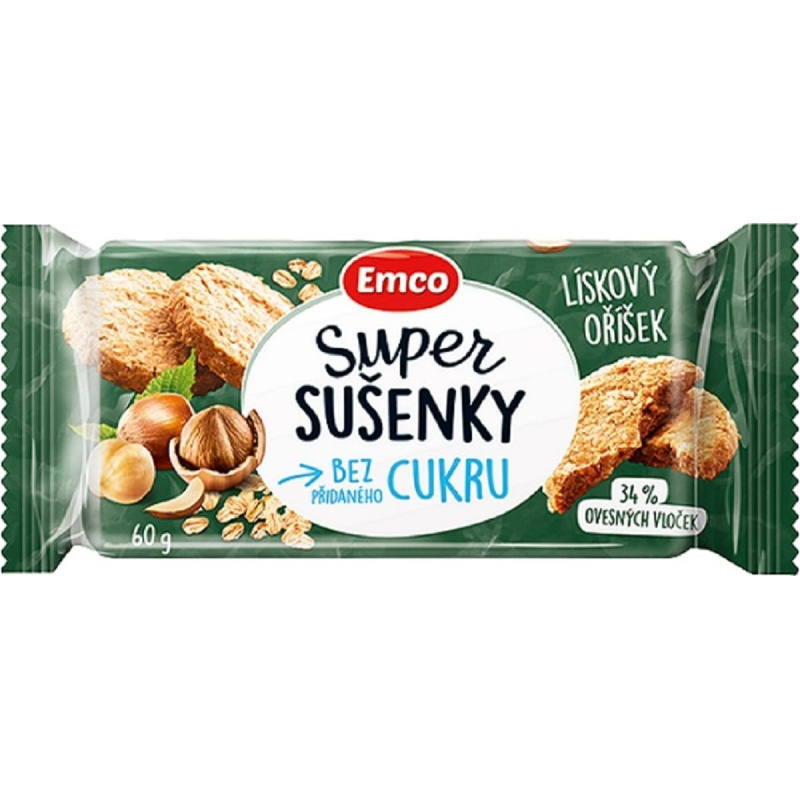 Emco Super Sušenky Bez Cukru - ovesné sušenky - lískový oříšek, 60 g