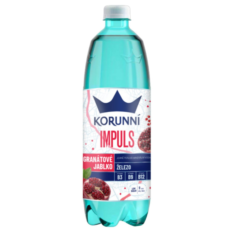 Korunní Impuls - ochucená minerální voda s obsahem železa - granátové jablko, 750 ml