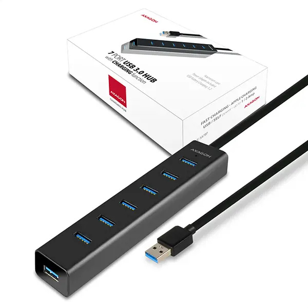 AXAGON HUESA7BP 7x USB3.0 ALU CHARGING hub vč. AC adapteru