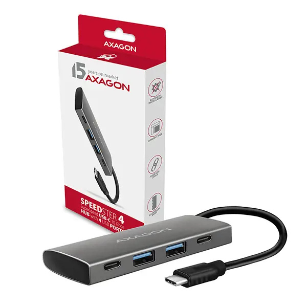 AXAGON HMC4G2 USBC 3.2 Gen 2 10 Gbps hub w. 2x USBA + 2x USBC 13cm USBC cable