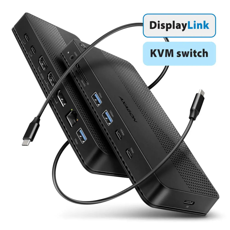 AXAGON HMC-DL-KVM, DisplayLink dokovací stanice, USB 10Gbps, HDMI + DP 4K/60Hz, RJ-45, PD 100 W, KVM