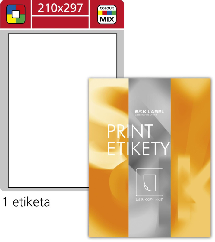 Samolepicí barevné etikety SK Label - mix barev, 210 x 297 mm, 100 ks