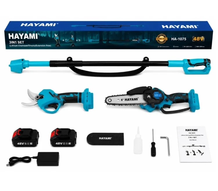 Aku zahradní sada HAYAMI - 3v1 - řetězová pila, nůžky a teleskopická tyč + 2x baterie + příslušenstv