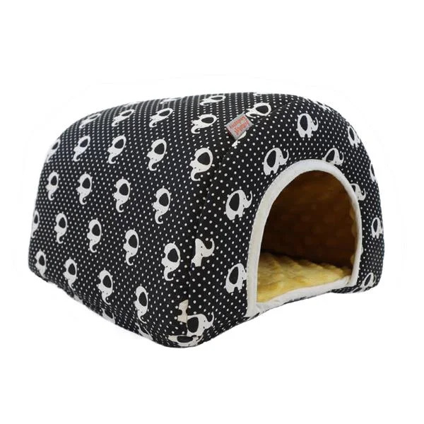 Domek dr.savec oblouk L, černobílí sloni, okrová minky 27x27x20cm 1 ks