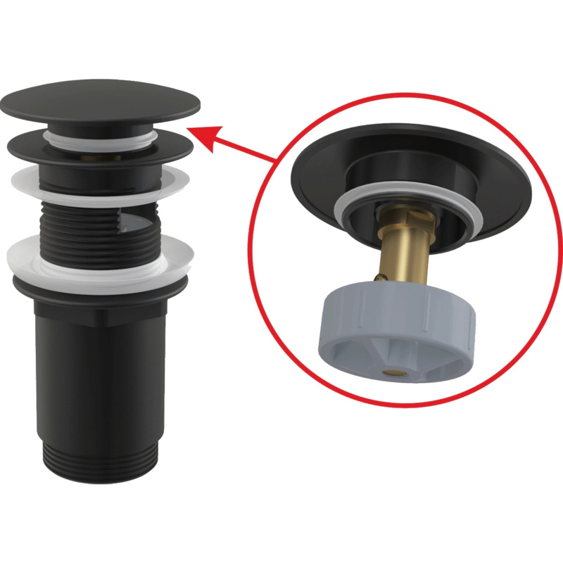 Výpust umyvadlová Alca CLICK/CLACK 5/4" celokovová s přepadem, velká zátka černá