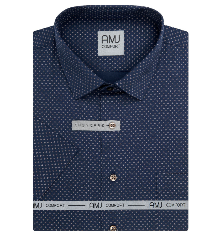 AMJ Pánská košile bavlněná, tmavě modrá s trojúhelníky VKB1437, krátký rukáv, slim fit, vel. 41