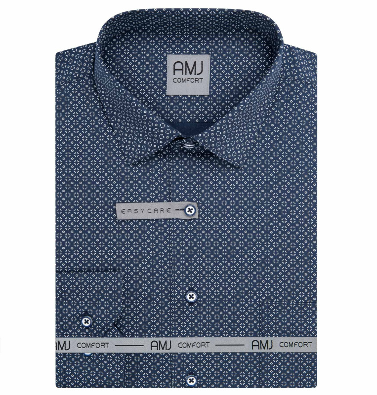 Pánská košile AMJ bavlněná, modrá vzorovaná VDBP1459, dlouhý rukáv, prodloužená délka, vel. 42