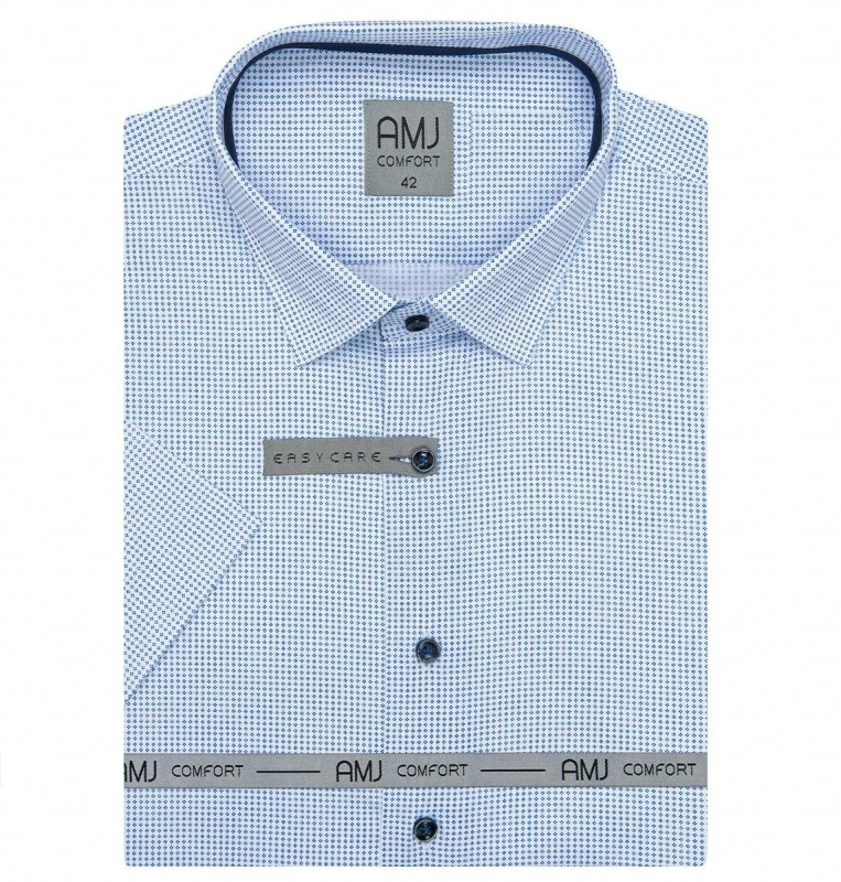 AMJ Pánská košile bavlněná, bílá s modrými tečkovanými křížky VKSBR1206, krátký rukáv, slim-fit, vel. 38