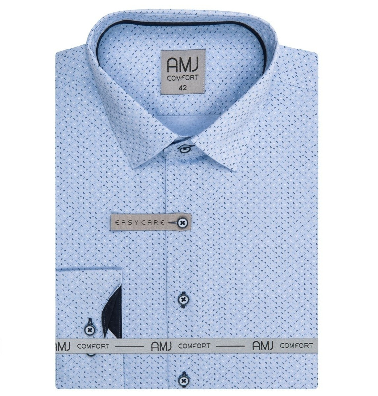 AMJ Pánská košile bavlněná, světle modrá s tečkovanými trojúhelníčky, VDBPR1245, dlouhý rukáv, prodloužená délka, vel. 41